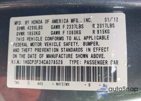 2012 Honda Accord 2.4 Lx из США, поврежденный, VIN 1HGCP2F34CA078528